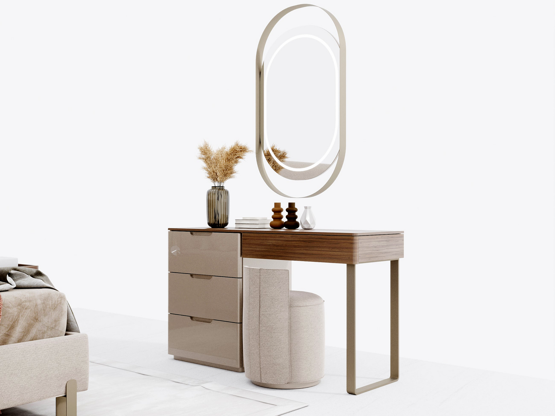 a dressing table with a mirror and a stool