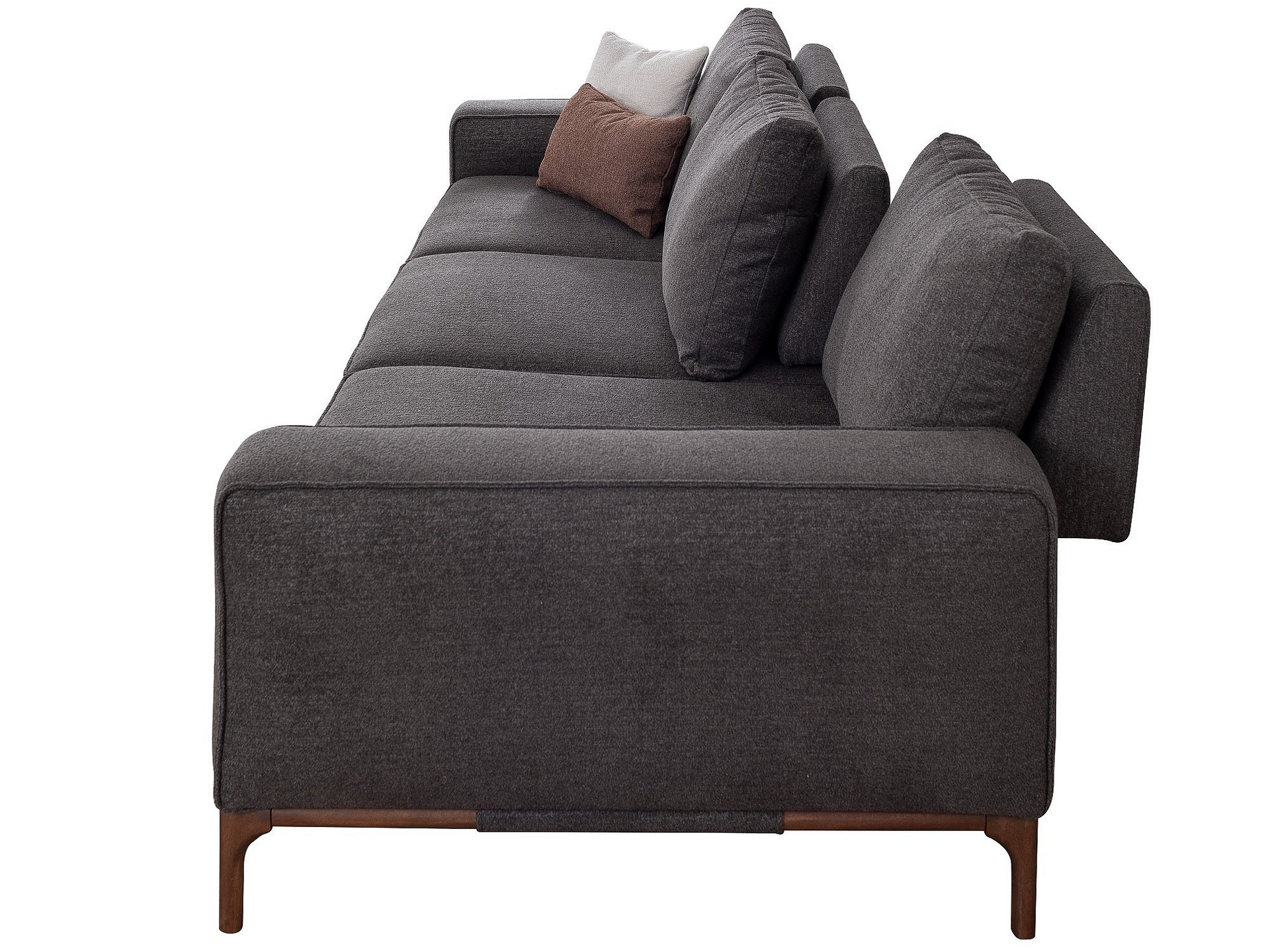 a gray couch with pillows on top of it