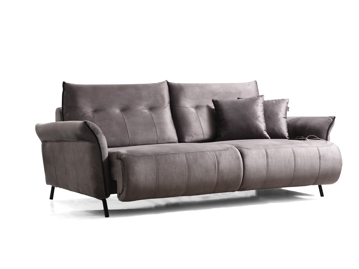 a gray couch with pillows on top of it