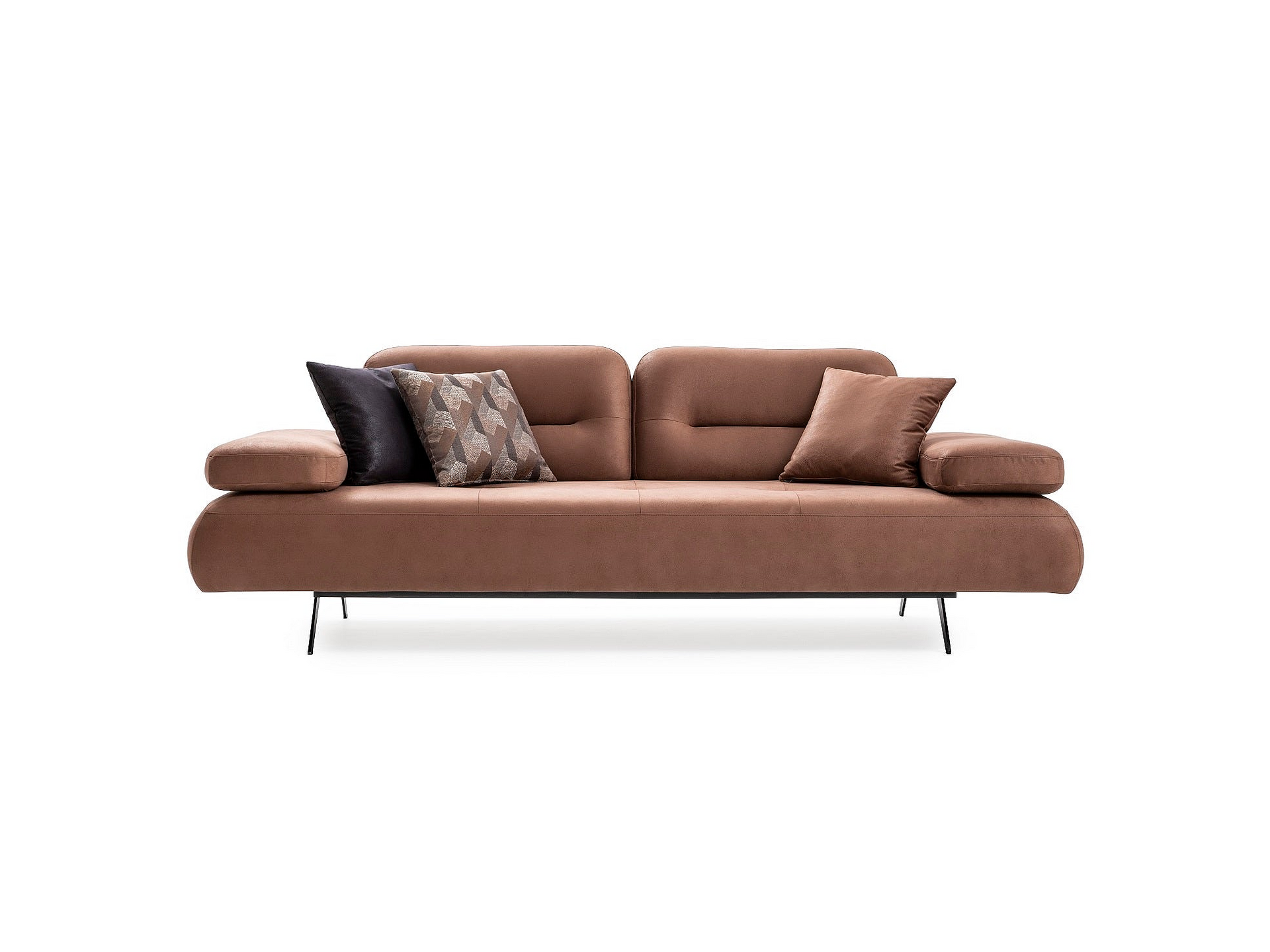 a brown couch with pillows on top of it