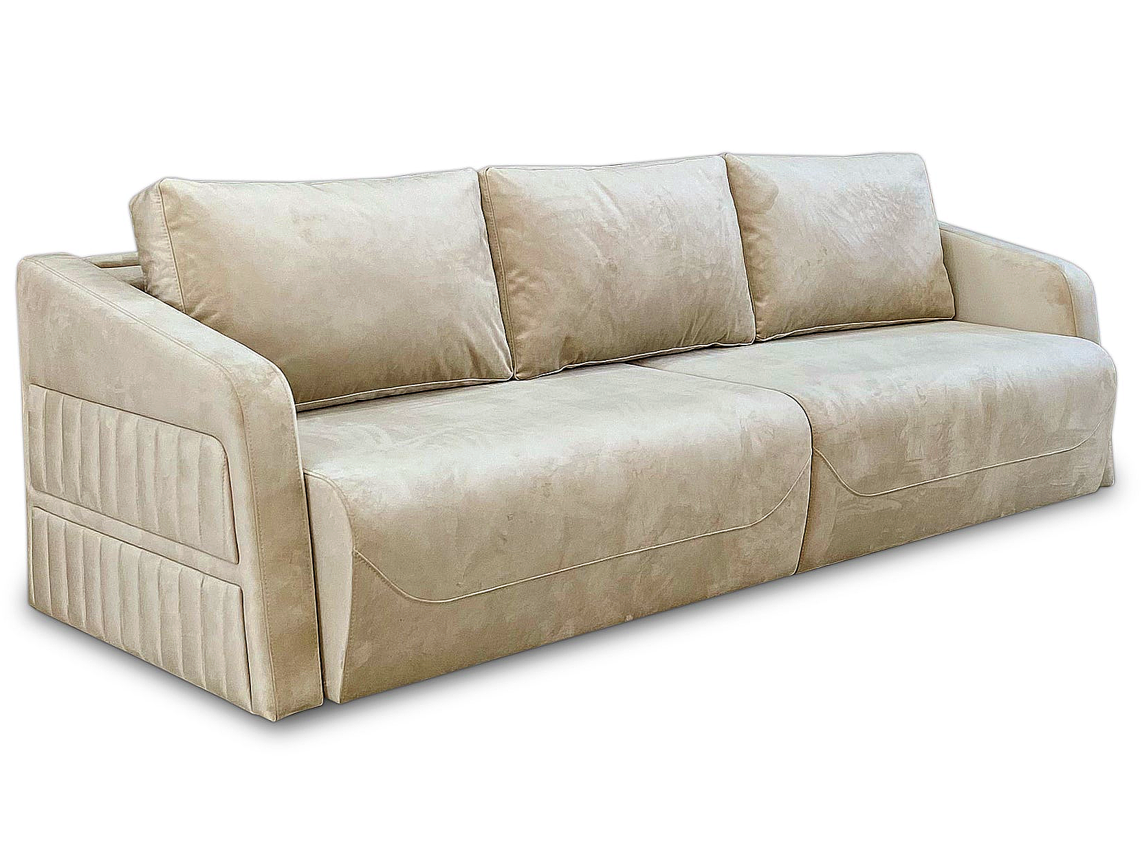 a beige couch with four pillows on top of it