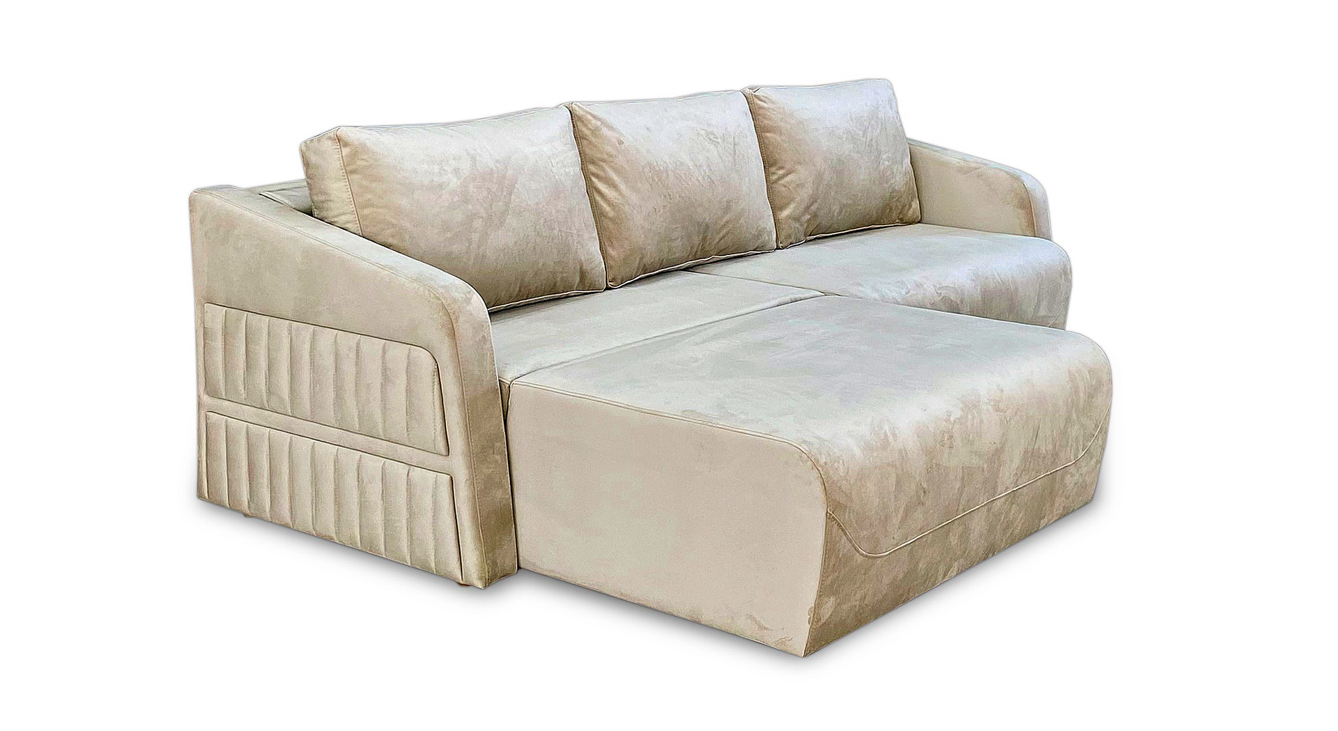 a white couch with two pillows on top of it