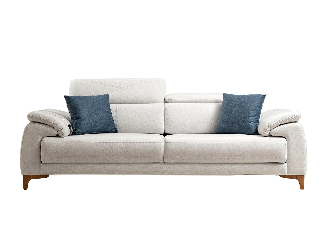 a white couch with blue pillows on it