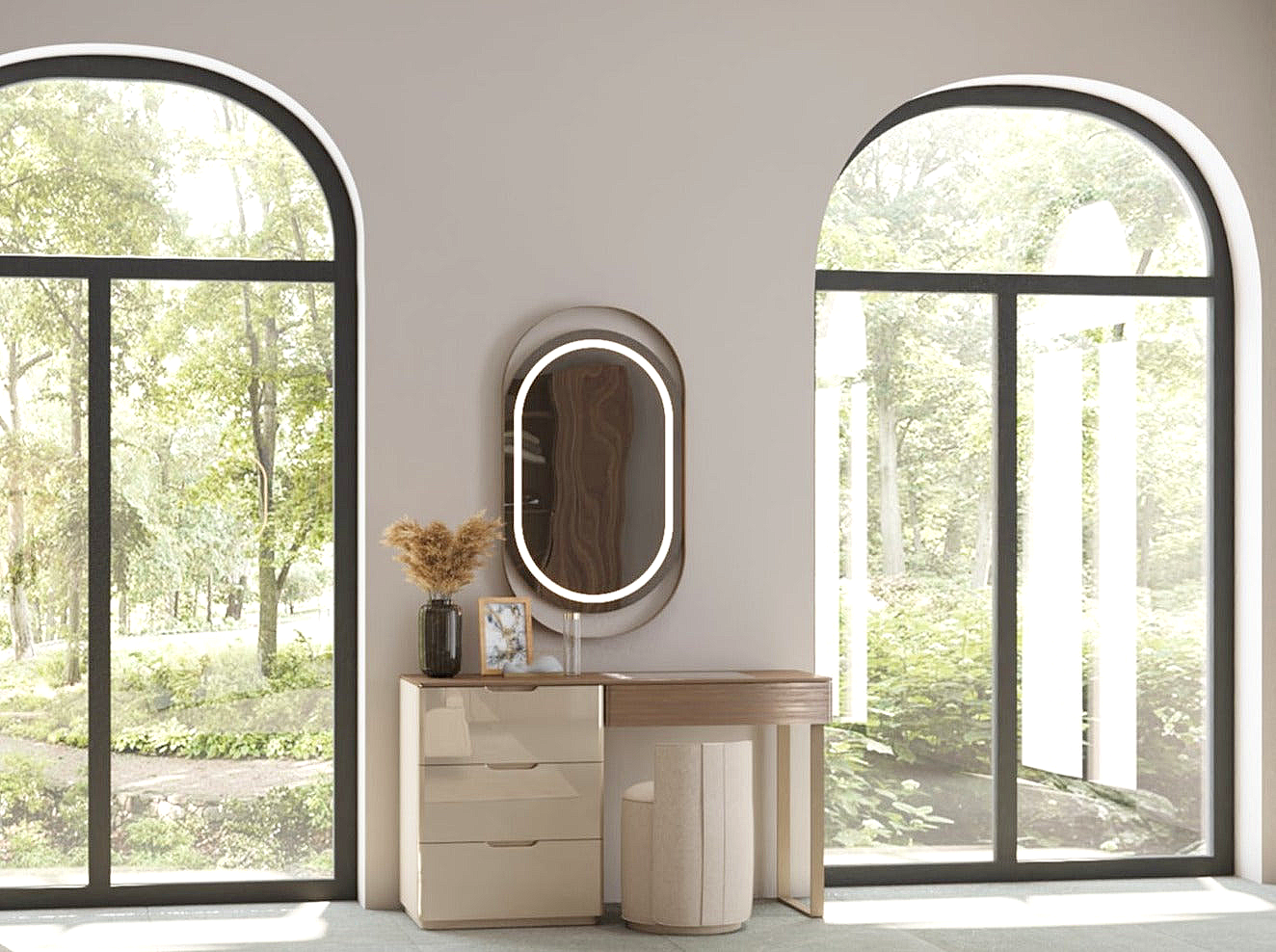 a room with arched windows, a dresser and a mirror