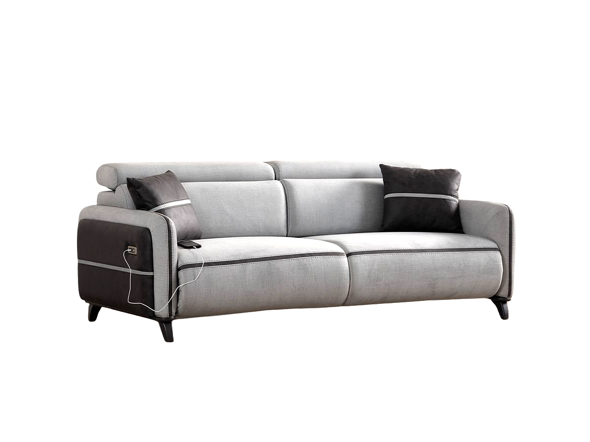 a gray and black couch sitting on top of a white floor