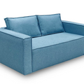 a blue couch with three pillows on it