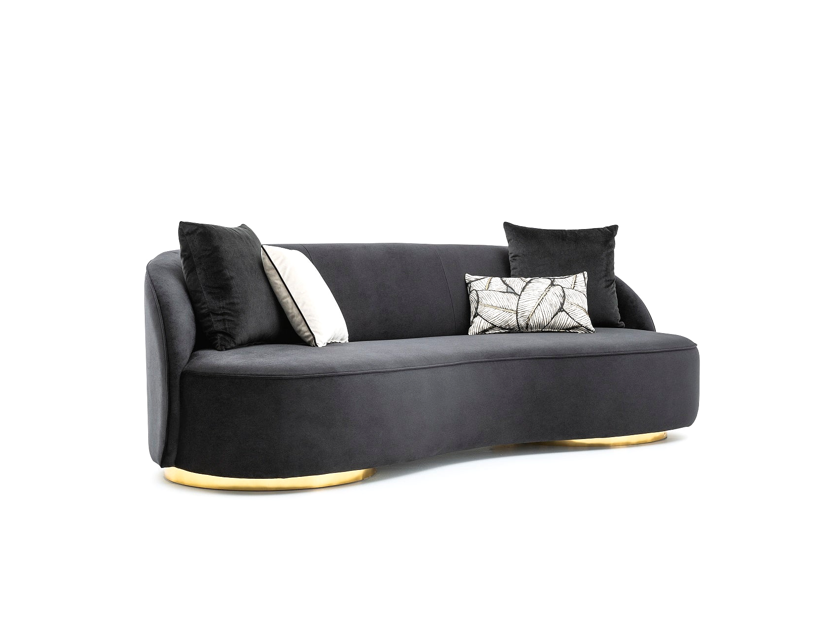 a black couch with two pillows on top of it